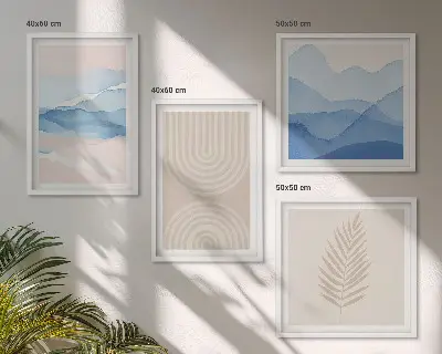 Set of 4 wall art pieces with beige and blue leaves and waves design