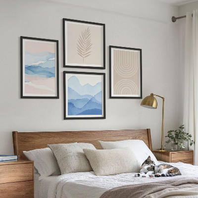 Set of 4 wall art pieces Leaves waves beige blue