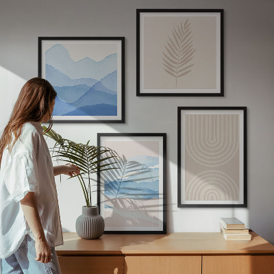 Set of 4 wall art pieces Leaves waves beige blue