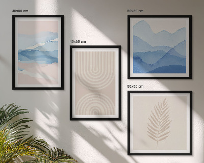Set of 4 wall art pieces Leaves waves beige blue