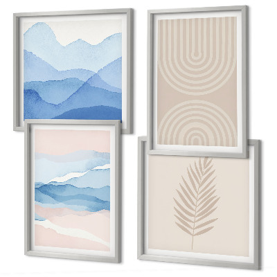 Set of 4 wall art pieces Leaves waves beige blue