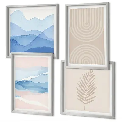 Set of 4 wall art pieces with beige and blue leaves and waves design