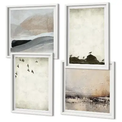 Birds, rocks, and brush strokes wall art set of 4 decorative pieces