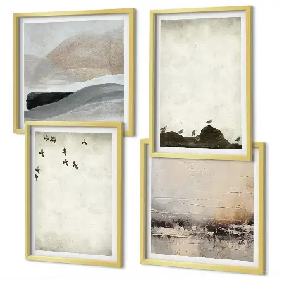 Birds, rocks, and brush strokes wall art set of 4 decorative pieces