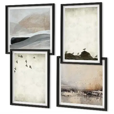 Birds, rocks, and brush strokes wall art set of 4 decorative pieces