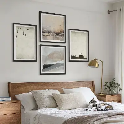 Birds, rocks, and brush strokes wall art set of 4 decorative pieces