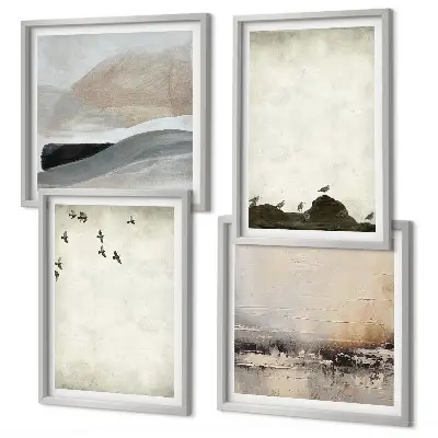 Birds, rocks, and brush strokes wall art set of 4 decorative pieces
