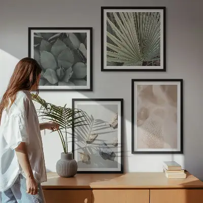 Set of 4 wall art pieces featuring stone, wood, and fabric textures