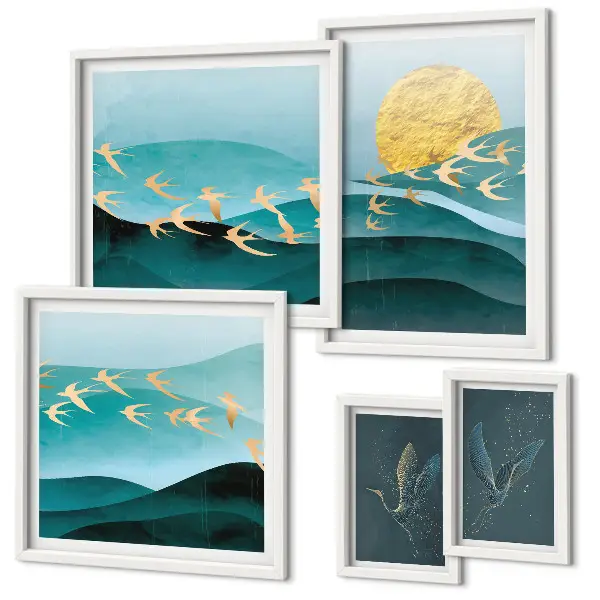 Set of 5 wall art pieces the harmony of birds and waves in a modern style