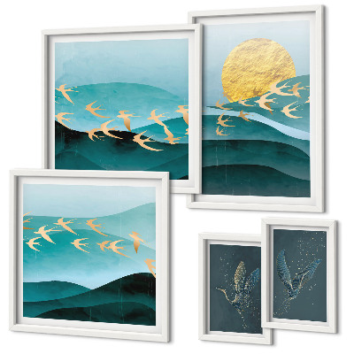 Set of 5 wall art pieces The harmony of birds and waves in a modern way