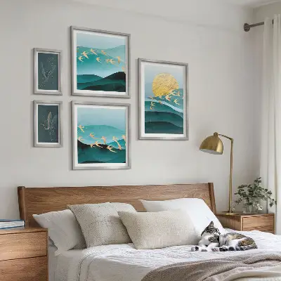 Set of 5 wall art pieces the harmony of birds and waves in a modern style