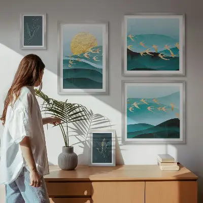 Set of 5 wall art pieces the harmony of birds and waves in a modern style
