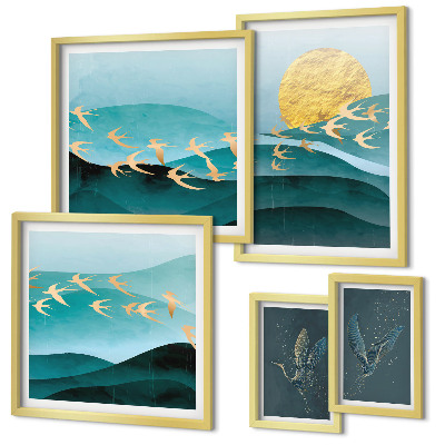 Set of 5 wall art pieces The harmony of birds and waves in a modern way