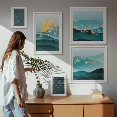Set of 5 wall art pieces the harmony of birds and waves in a modern style