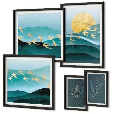 Set of 5 wall art pieces the harmony of birds and waves in a modern style