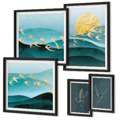 Set of 5 wall art pieces The harmony of birds and waves in a modern way
