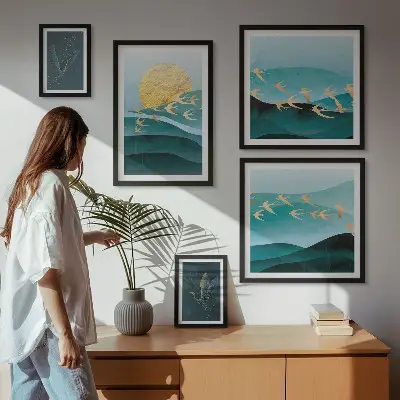 Set of 5 wall art pieces the harmony of birds and waves in a modern style
