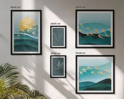 Set of 5 wall art pieces the harmony of birds and waves in a modern style