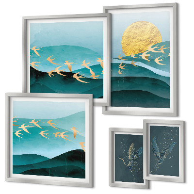 Set of 5 wall art pieces The harmony of birds and waves in a modern way