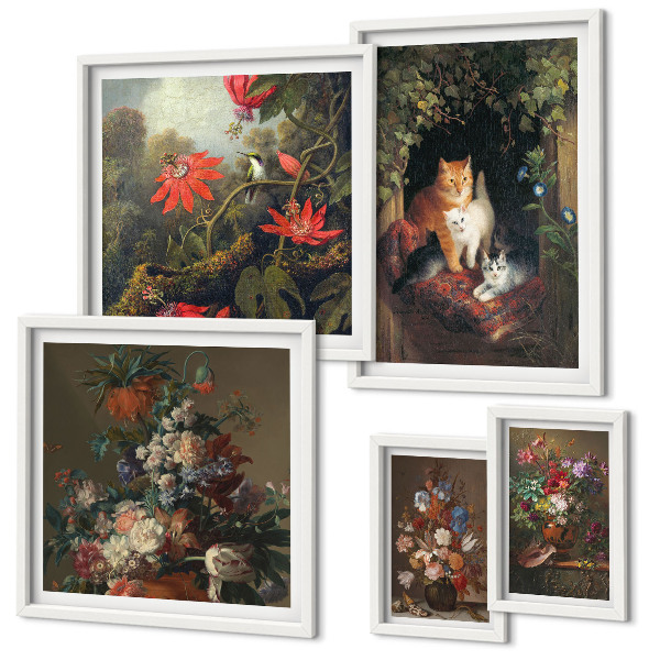 Framed photo set Floral cats vintage style