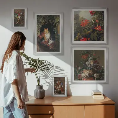 Framed photo set featuring vintage style floral cats