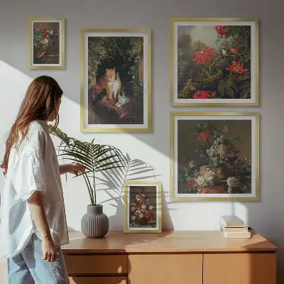Framed photo set featuring vintage style floral cats