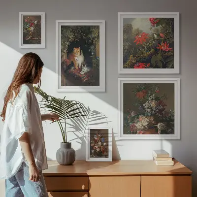 Framed photo set featuring vintage style floral cats