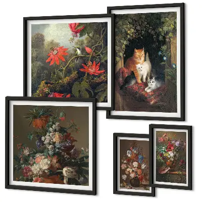 Framed photo set featuring vintage style floral cats