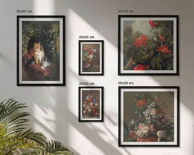 Framed photo set featuring vintage style floral cats