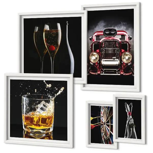 Gallery wall art set with stylish retro car and drink themes