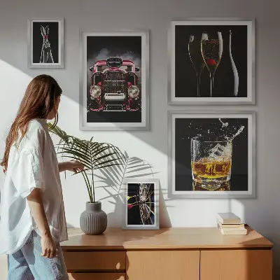 Gallery wall art set with stylish retro car and drink themes