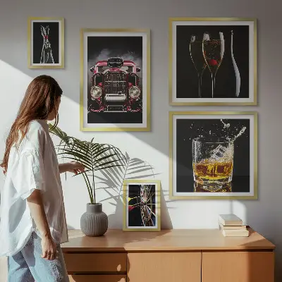 Gallery wall art set with stylish retro car and drink themes