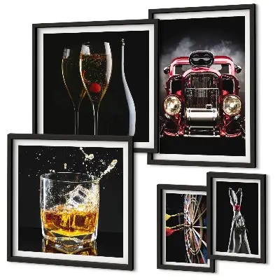 Gallery wall art set with stylish retro car and drink themes