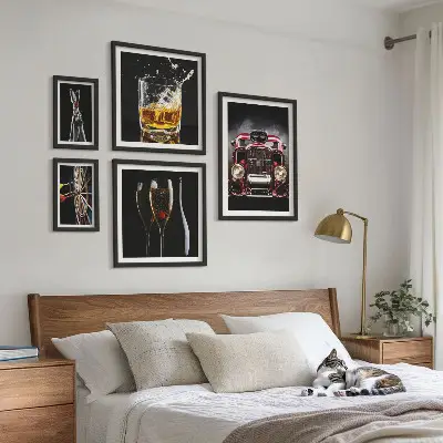 Gallery wall art set with stylish retro car and drink themes