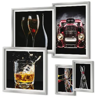 Gallery wall art set with stylish retro car and drink themes