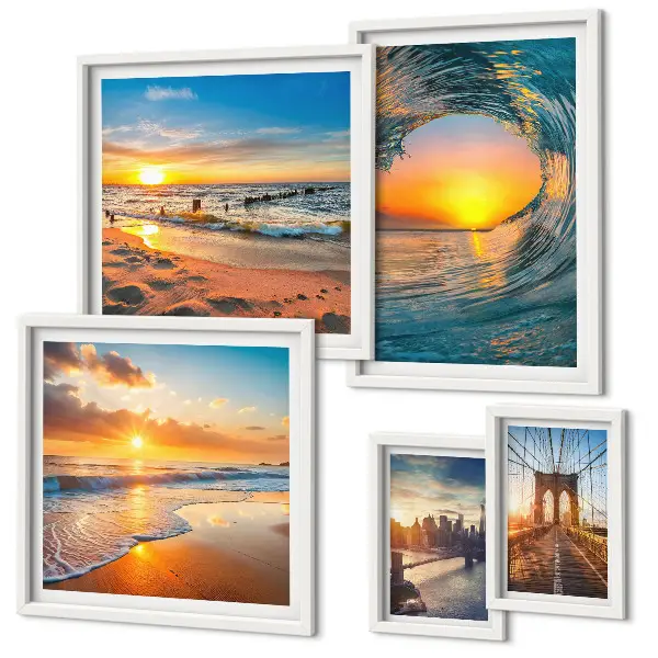 Set of 5 wall art pieces featuring sea sunsets and city bridges