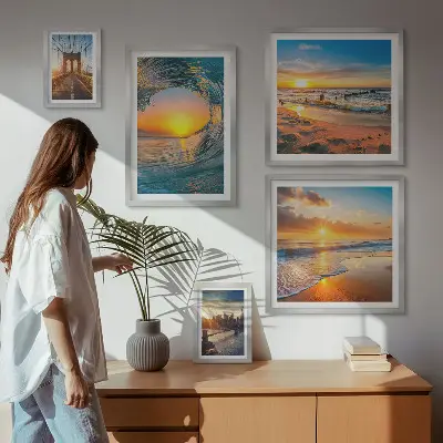 Set of 5 wall art pieces featuring sea sunsets and city bridges