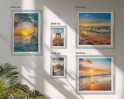 Set of 5 wall art pieces featuring sea sunsets and city bridges