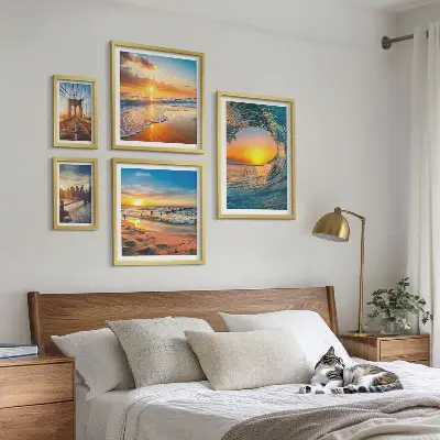 Set of 5 wall art pieces featuring sea sunsets and city bridges
