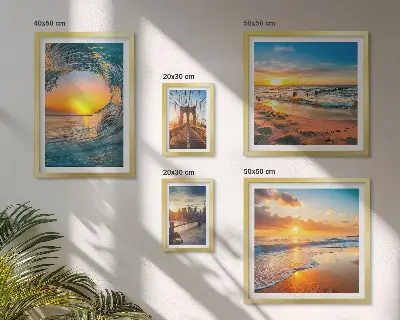 Set of 5 wall art pieces featuring sea sunsets and city bridges
