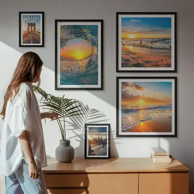 Set of 5 wall art pieces featuring sea sunsets and city bridges