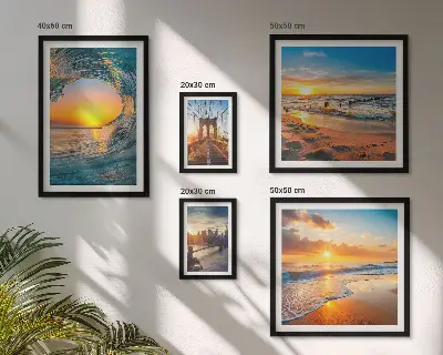 Set of 5 wall art pieces featuring sea sunsets and city bridges