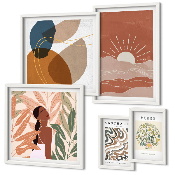 Set of 5 wall art pieces Boho style plant abstract motifs