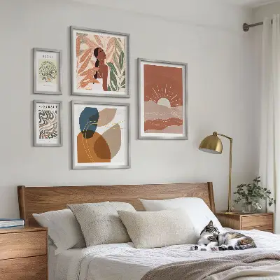 Set of 5 wall art pieces featuring boho style abstract plant motifs