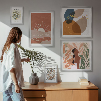 Set of 5 wall art pieces Boho style plant abstract motifs