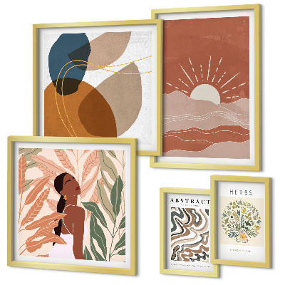 Set of 5 wall art pieces Boho style plant abstract motifs