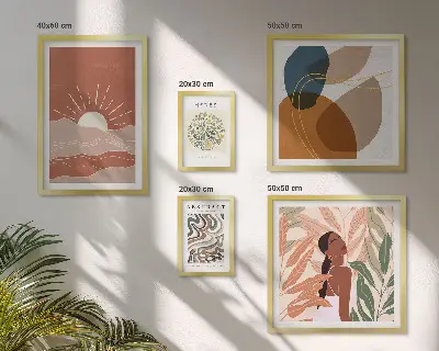 Set of 5 wall art pieces featuring boho style abstract plant motifs