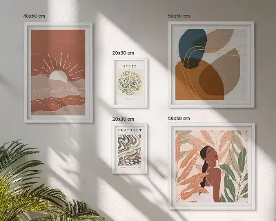 Set of 5 wall art pieces featuring boho style abstract plant motifs