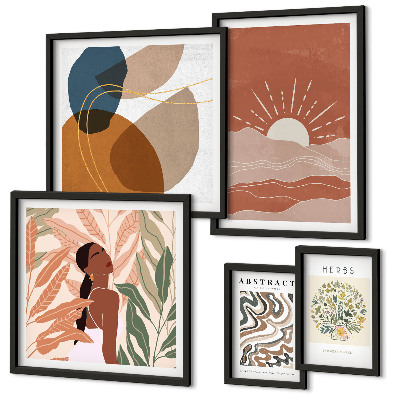 Set of 5 wall art pieces Boho style plant abstract motifs