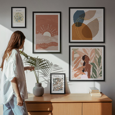 Set of 5 wall art pieces Boho style plant abstract motifs